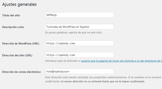 Ajustes generales de sitio web de WordPress