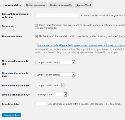 Configuración del plugin EWWW Image Optimizer para reducir tamaño de imágenes en WordPress