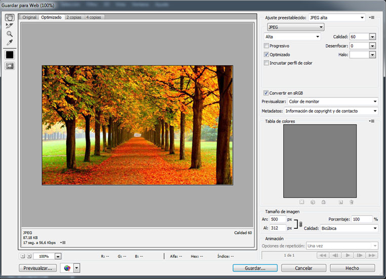 Configuración recomendada para guardar imágenes optimizadas para WordPress en Photoshop