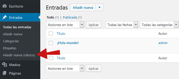 Enlace para crear nuevas entradas con el editor clásico de WordPress