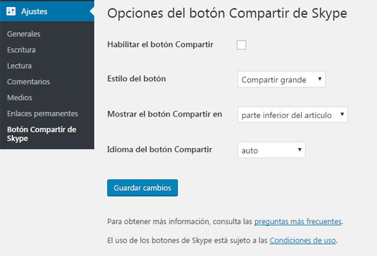 Habilitar botón compartir de Skype en WordPress mediante plugin Skype share