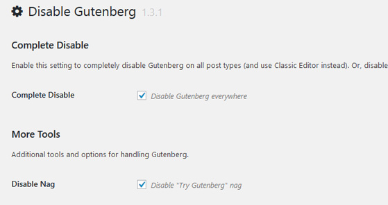 Página de ajustes y configuración del plugin Disable Gutenberg