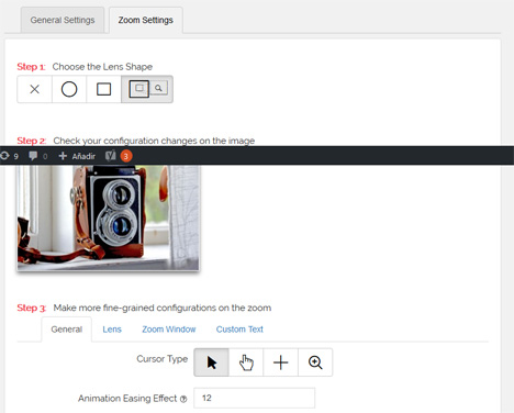 Página de configuración de WP Image Zoom para hacer zoom de imágenes