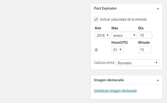Meta box del plugin Post Expirator para establecer fecha de caducidad de producto en WooCommerce