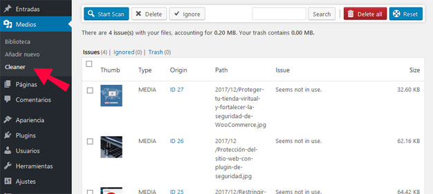 Página de ajustes del plugin Media Cleaner en los medios de WordPress