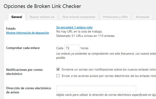 Ajustes del plugin Broken Link Checker para encontrar enlaces rotos en WordPress