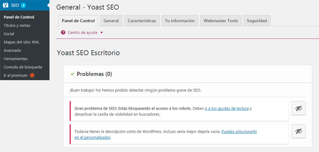 Configuración general del plugin Yoast SEO en WordPress