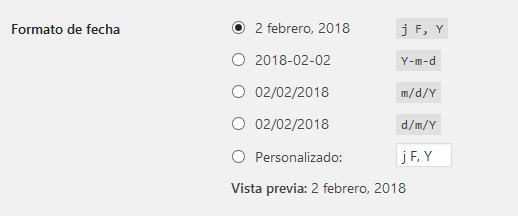 Sección de Formato de fecha en los ajustes generales del panel de WordPress