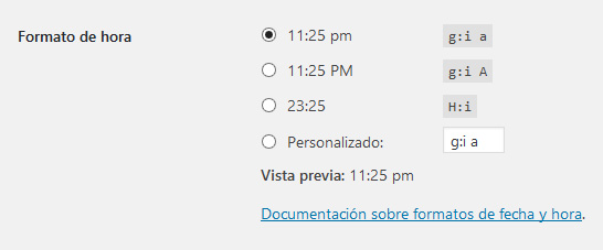 Sección de Formato de hora en el panel de administración de WordPress