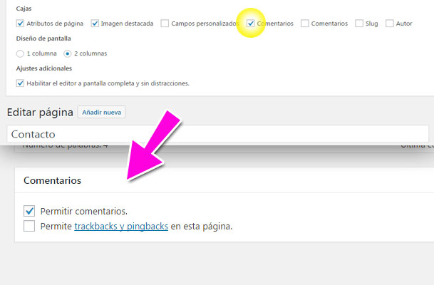 Activar comentarios desde opciones de pantalla en una página de WordPress
