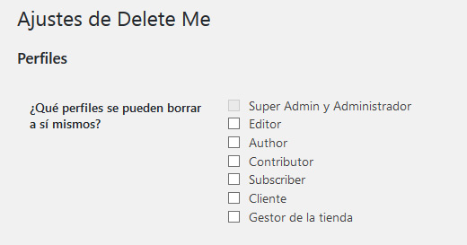 Ajustes del plugin Delete Me para permitirle al usuario borrar su cuenta en WordPress