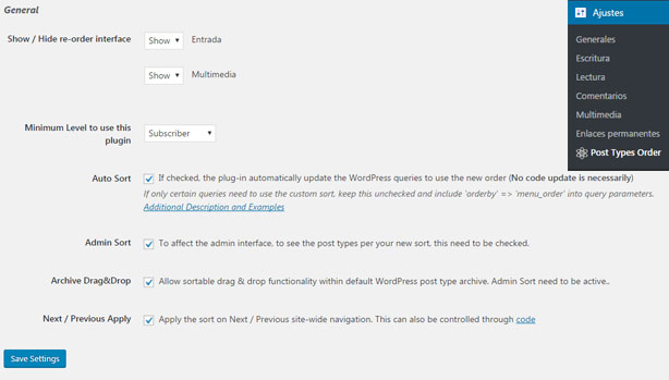 Configuración del plugin Custom Posts Order para ordenar entradas en WordPress