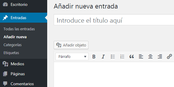 Módulo de formatos de entrada en añadir nueva entrada en WordPress