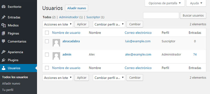 Gestionar usuarios registrados en WordPress del panel de administración