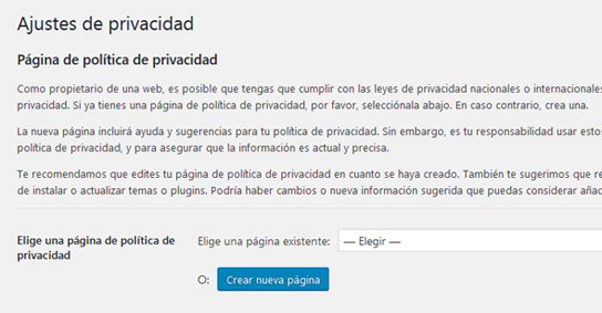 Ajustes de privacidad para establecer una página de privacidad en WordPress 4.9.6