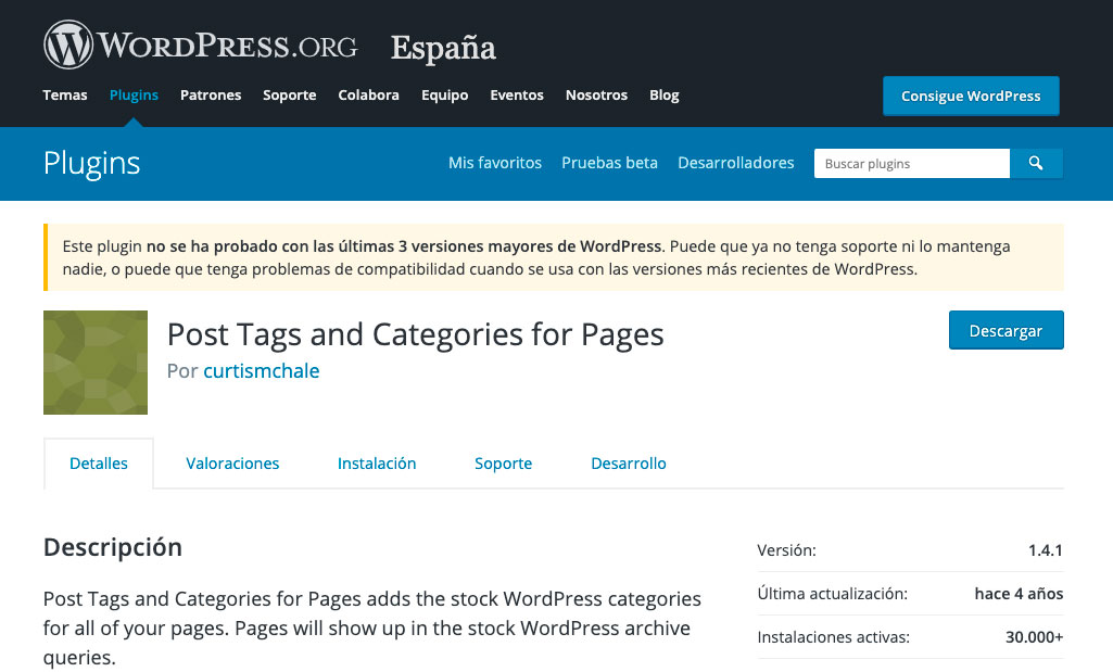 Categorias y etiquetas en la sección de páginas en WordPress