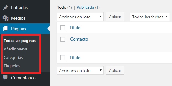 Categorías y etiquetas en la sección de páginas en WordPress