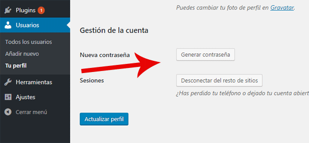 Generar nueva contraseña de administrador o usuario desde el perfil de usuario en panel de administración de WordPress