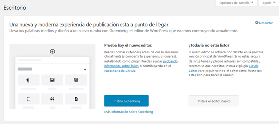 Panel para instalar y probar Gutenberg en la versión de WordPress 4.9.8
