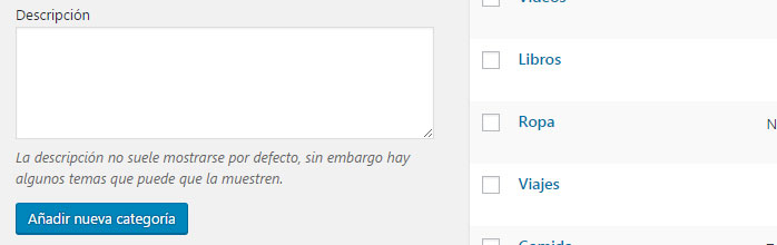 Asignar descripción a nueva categoría en WordPress