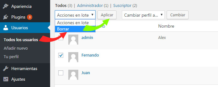 Borrar múltiples usuarios en WordPress desde el panel de administración