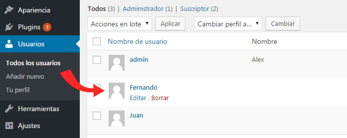 Borrar usuario en WordPress desde el panel de administración dashboard