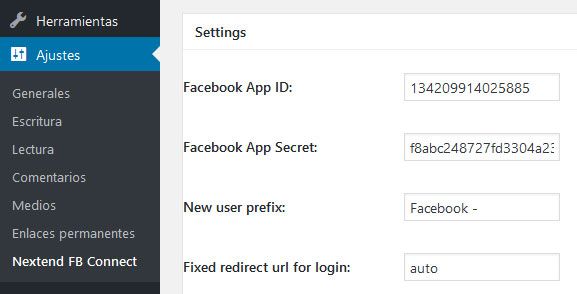 Configuración del plugin Nextend FB Connect en WordPress