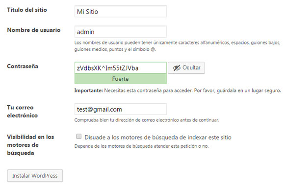 Formulario información básica en asistente de instalación WordPress