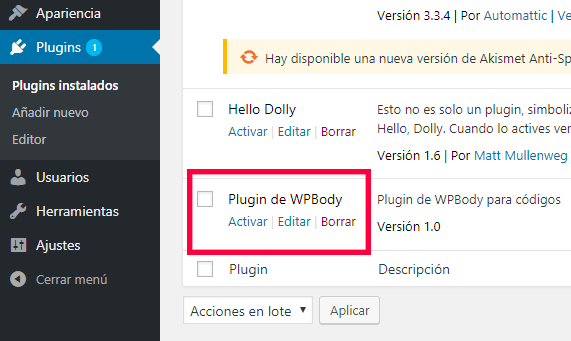 Activar un plugin personalizado en WordPress del panel de administración