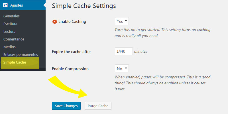 Borrar caché de WordPress con el plugin Simple Cache