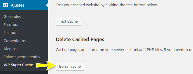 Borrar caché en el plugin de WP Super Cache en WordPress