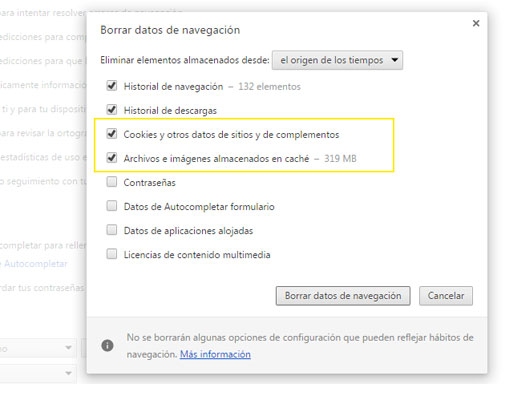 Borrar datos de navegación en Google Chrome para actualizar contenido de WordPress