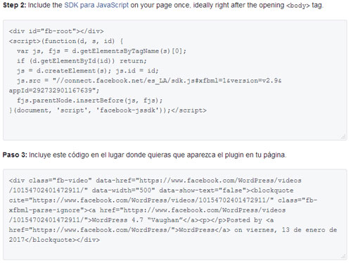 Copiar código para mostrar vídeo de Facebook en WordPress