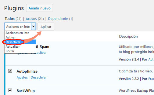 Desactivar los Plugins de WordPress del escritorio o panel de administración