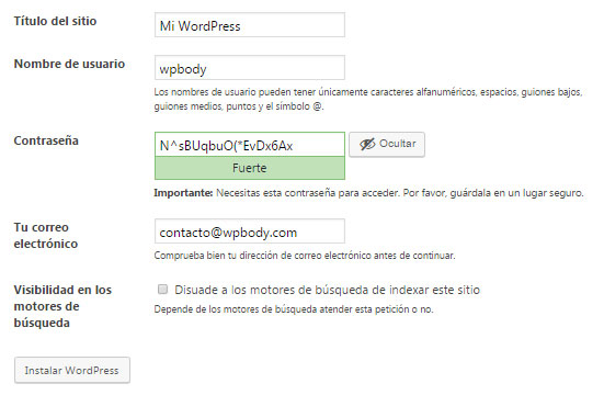 Información básica en la instalación de WordPress