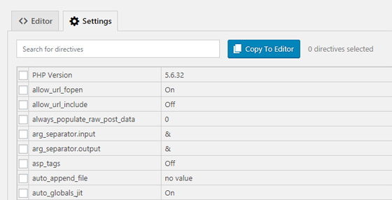 Página de configuración del plugin PHP Settings en WordPress