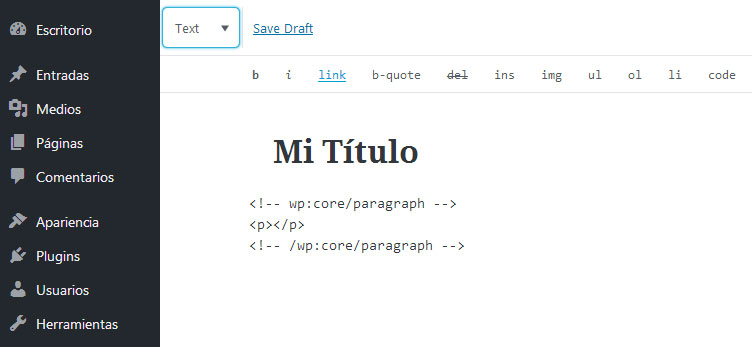 Editor de código HTML del Editor Gutenberg de WordPress