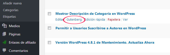 Enlace del editor Gutenberg para Editar Entradas y Páginas en WordPress