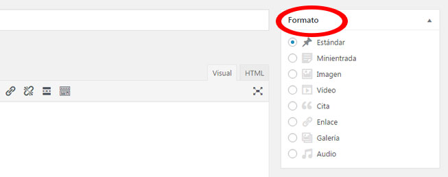 Módulo de formatos de entrada soportadas por el tema en WordPress