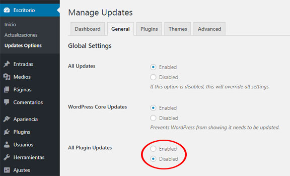 Deshabilitar actualización de plugins en el plugin Easy Updates Manager