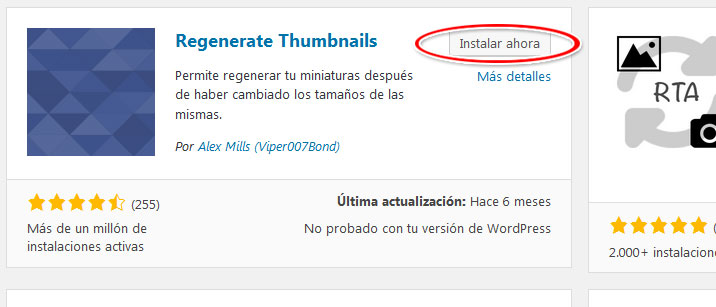 Instalar plugin Regenerate Thumbnails para cambiar tamaño de miniaturas en wordpress