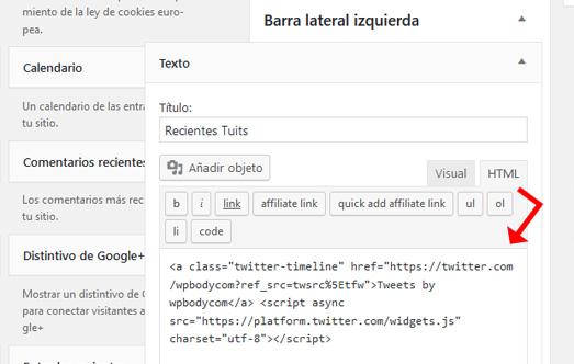 Insertar código de recientes tuits en el widget de texto de WordPress