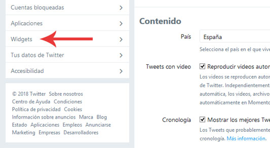 Sección de Widgets en la configuración de Twitter