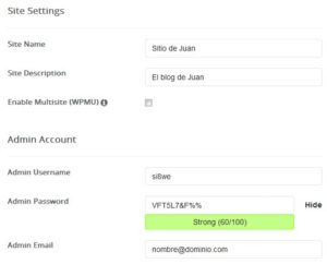 Configurar Información del sitio web de WordPress con Softaculous