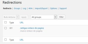Página de configuración del plugin Redirection para crear redirecciones 301 en WordPress