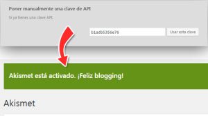 Insertar clave API de Akismet en la página de configuración para Activar protección contra comentarios spam en WordPress