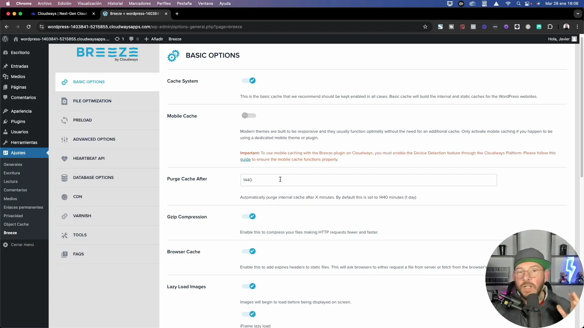 Configurando las opciones básicas del Breeze Cache Plugin